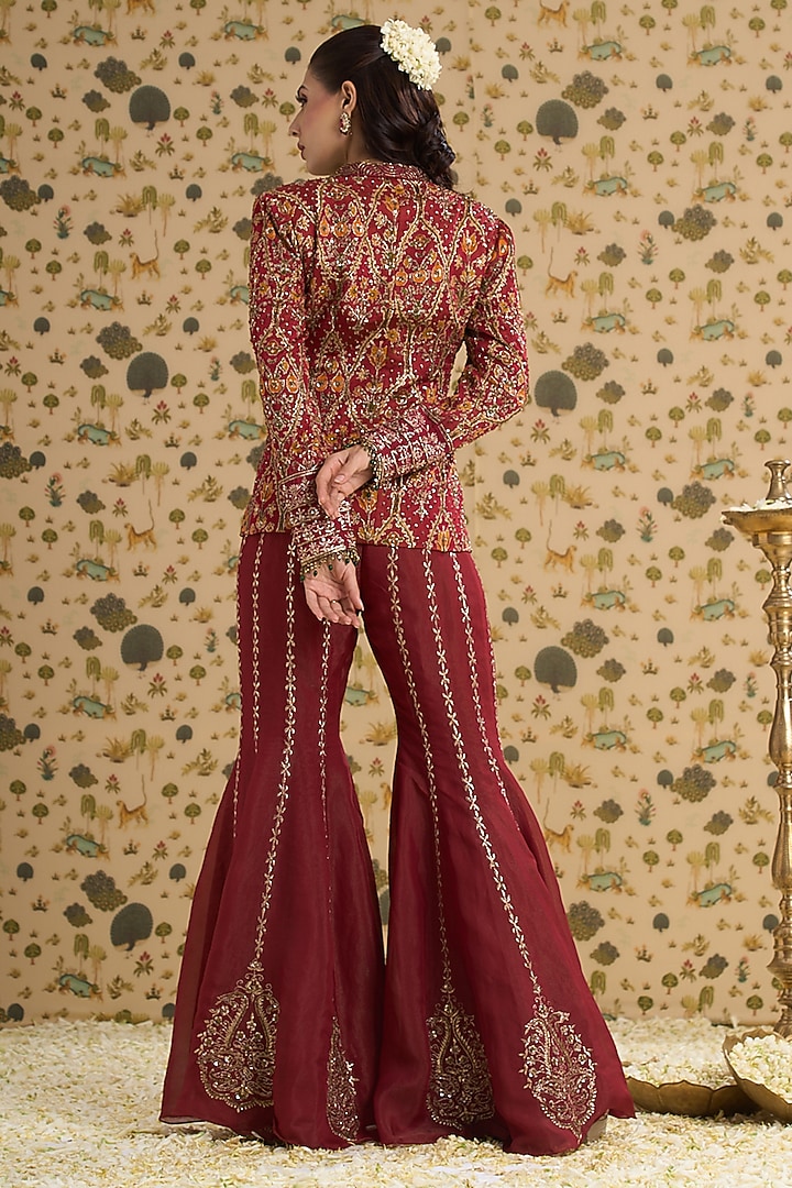 Maroon Organza Tissue Hand Embroidered Jacket Set by Aayushi Maniar at Pernia's Pop Up Shop