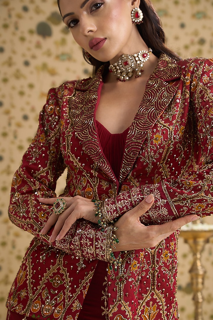 Maroon Organza Tissue Hand Embroidered Jacket Set by Aayushi Maniar at Pernia's Pop Up Shop