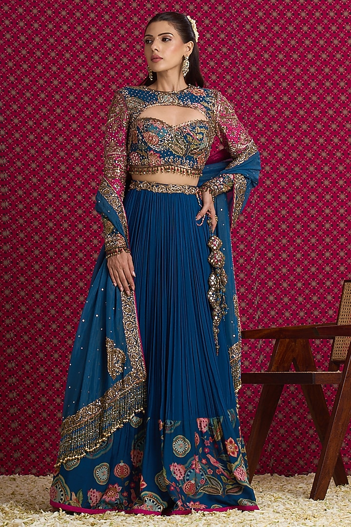 Blue & Pink Georgette Hand Embroidered Bridal Lehenga Set by Aayushi Maniar at Pernia's Pop Up Shop