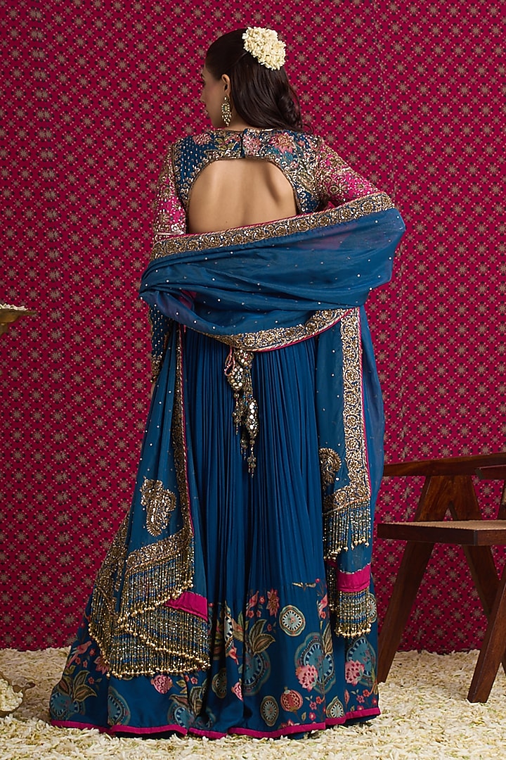 Blue & Pink Georgette Hand Embroidered Bridal Lehenga Set by Aayushi Maniar at Pernia's Pop Up Shop