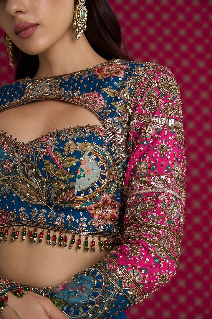 Blue & Pink Georgette Hand Embroidered Bridal Lehenga Set by Aayushi Maniar at Pernia's Pop Up Shop