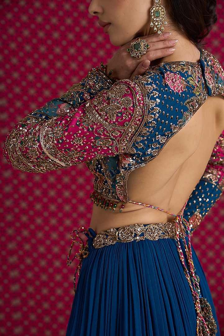 Blue & Pink Georgette Hand Embroidered Bridal Lehenga Set by Aayushi Maniar at Pernia's Pop Up Shop
