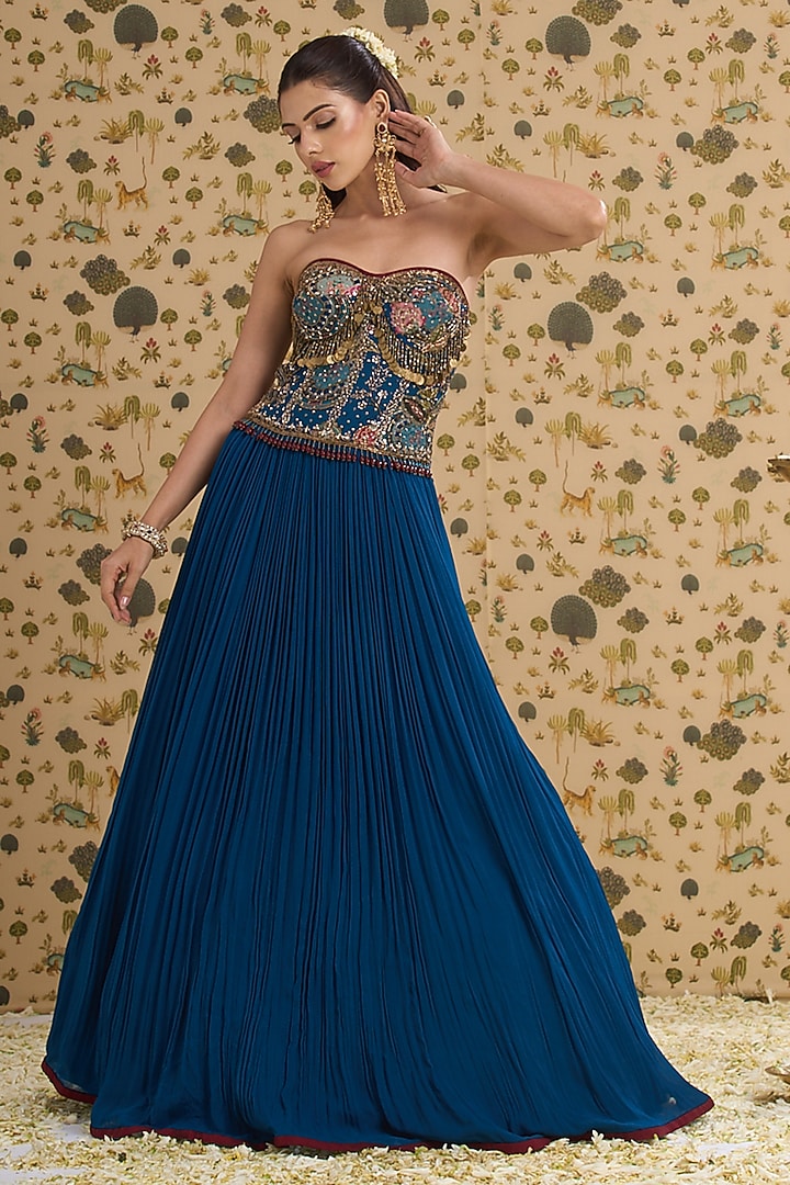 Blue Georgette Wedding Lehenga Set by Aayushi Maniar at Pernia's Pop Up Shop