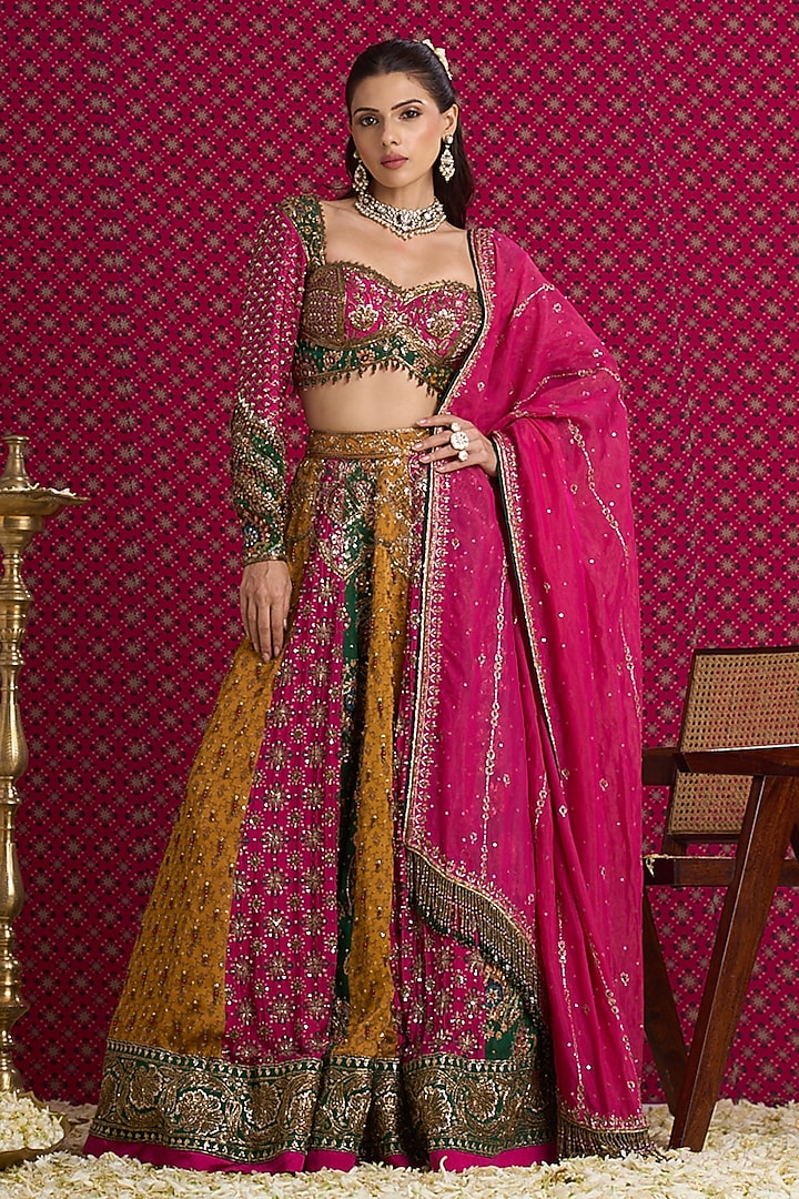 Multi-Colored Tissue Organza Hand Embroidered Bridal Lehenga Set by Aayushi Maniar at Pernia's Pop Up Shop