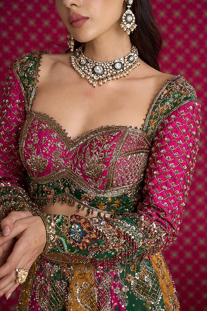 Multi-Colored Tissue Organza Hand Embroidered Bridal Lehenga Set by Aayushi Maniar at Pernia's Pop Up Shop