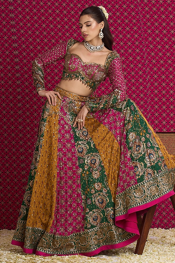 Multi-Colored Tissue Organza Hand Embroidered Bridal Lehenga Set by Aayushi Maniar at Pernia's Pop Up Shop