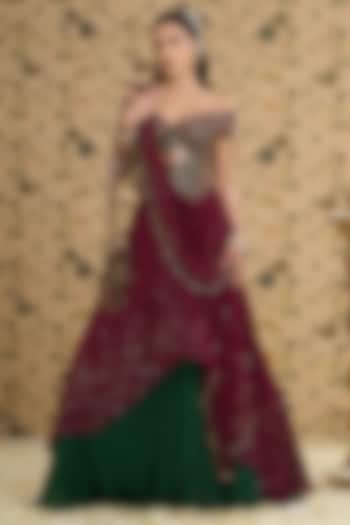 Maroon Georgette Hand Embroidered Bridal Lehenga Set by Aayushi Maniar at Pernia's Pop Up Shop