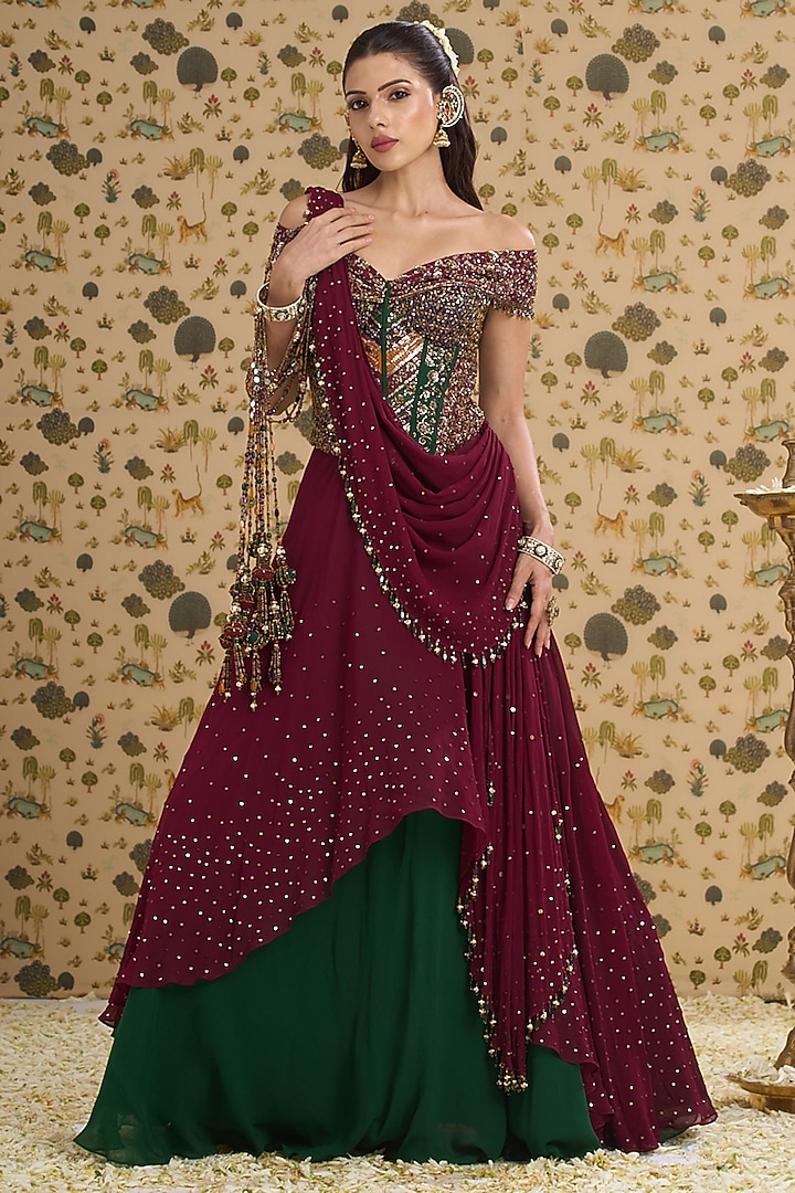 Maroon Georgette Hand Embroidered Bridal Lehenga Set by Aayushi Maniar at Pernia's Pop Up Shop