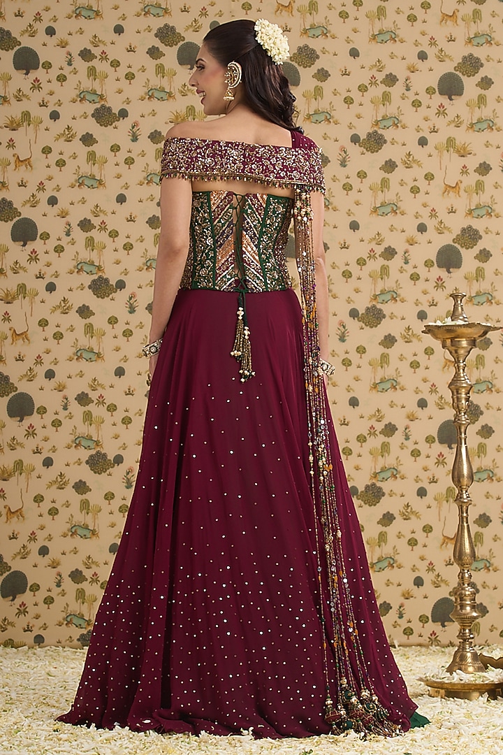 Maroon Georgette Hand Embroidered Bridal Lehenga Set by Aayushi Maniar at Pernia's Pop Up Shop