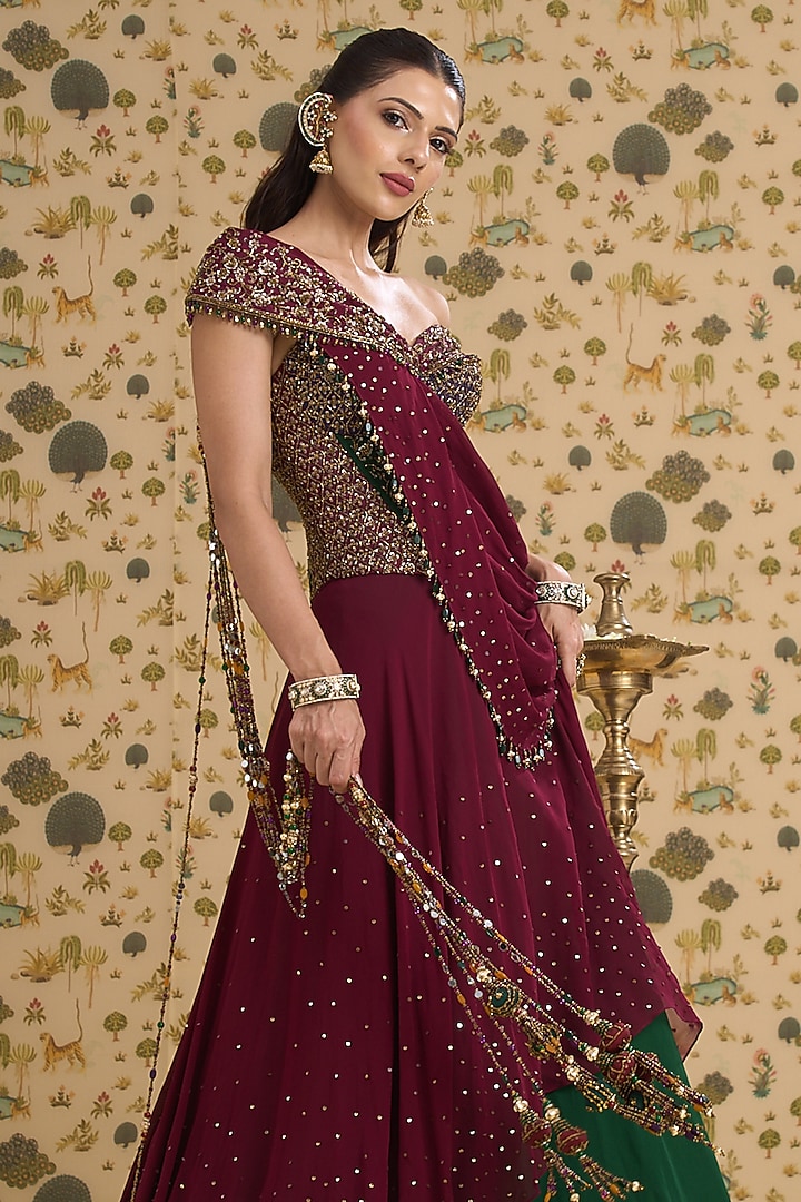 Maroon Georgette Hand Embroidered Bridal Lehenga Set by Aayushi Maniar at Pernia's Pop Up Shop