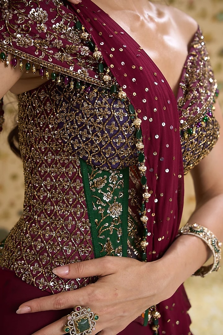 Maroon Georgette Hand Embroidered Bridal Lehenga Set by Aayushi Maniar at Pernia's Pop Up Shop