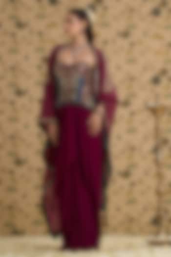 Berry-Colored Organza Hand & Machine Embroidered Cape Set by Aayushi Maniar at Pernia's Pop Up Shop
