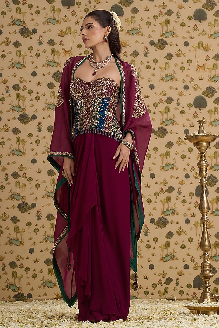 Berry-Colored Organza Hand & Machine Embroidered Cape Set by Aayushi Maniar at Pernia's Pop Up Shop