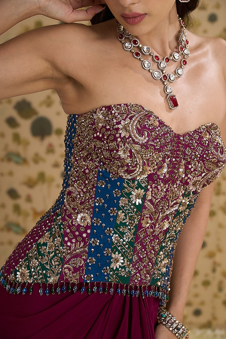 Berry-Colored Organza Hand & Machine Embroidered Cape Set by Aayushi Maniar at Pernia's Pop Up Shop