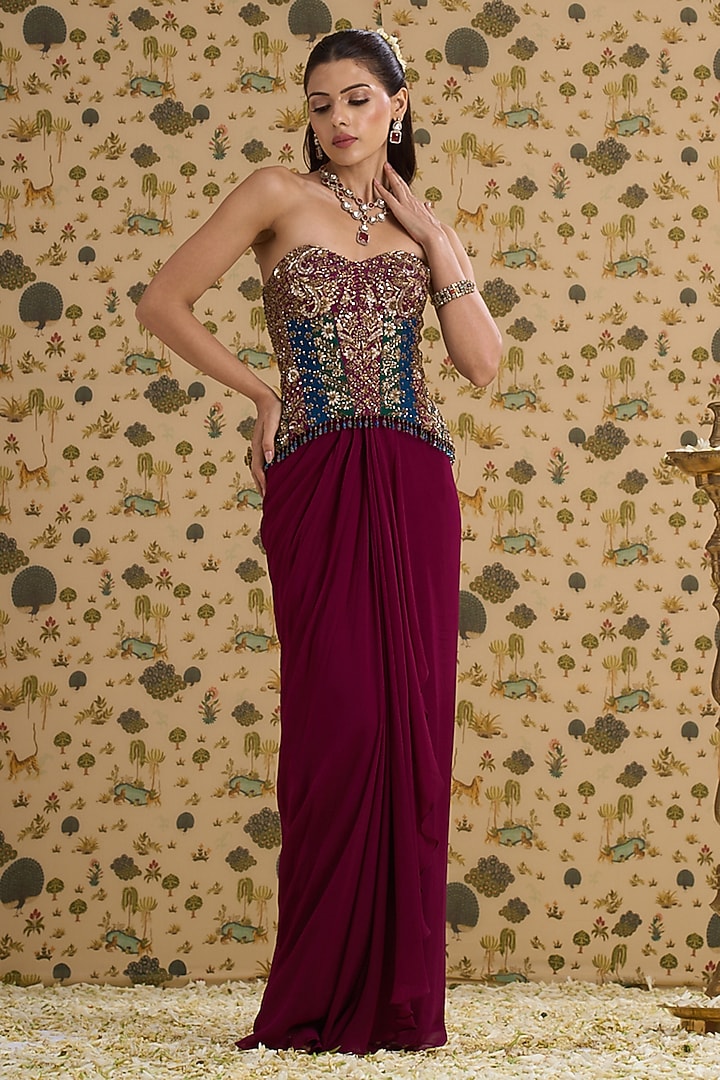 Berry-Colored Organza Hand & Machine Embroidered Cape Set by Aayushi Maniar at Pernia's Pop Up Shop