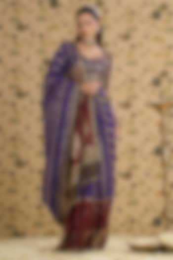 Purple & Maroon Hand Embroidered Bridal Saree Set by Aayushi Maniar at Pernia's Pop Up Shop