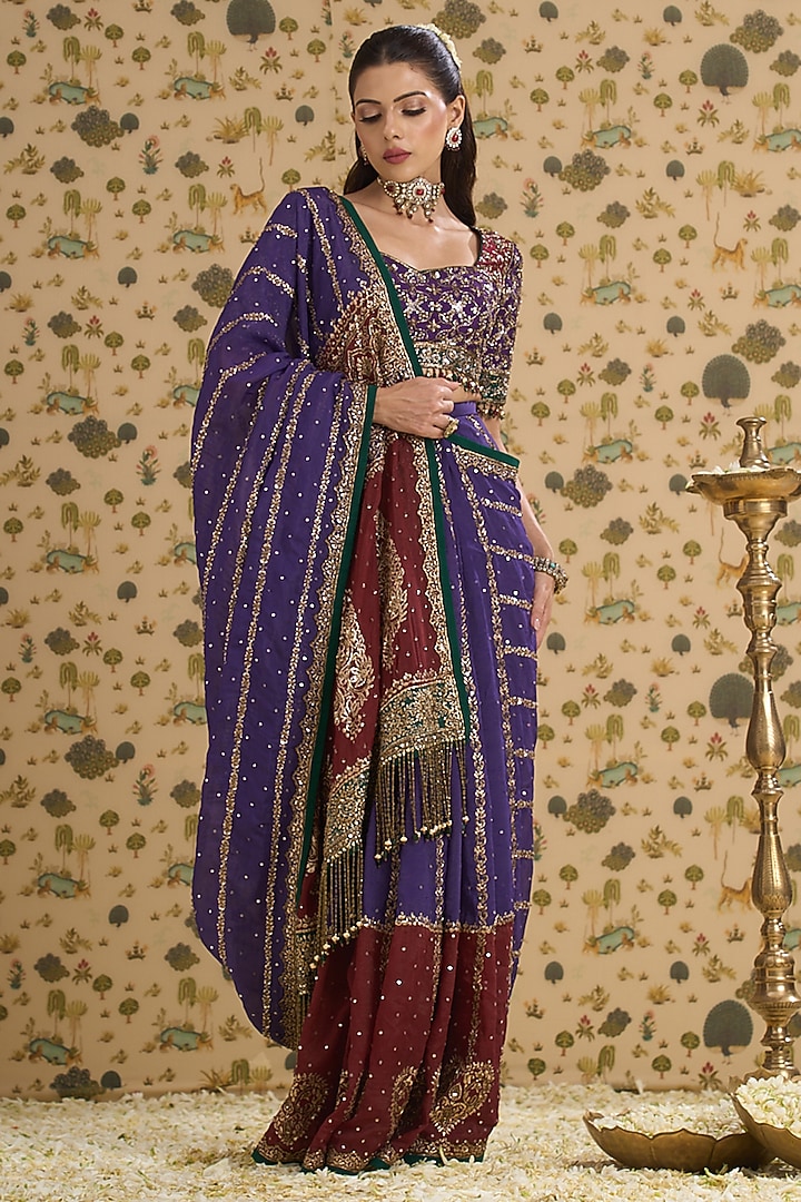 Purple & Maroon Hand Embroidered Bridal Saree Set by Aayushi Maniar at Pernia's Pop Up Shop