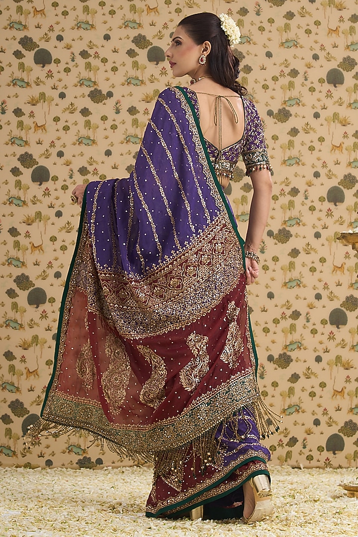 Purple & Maroon Hand Embroidered Bridal Saree Set by Aayushi Maniar at Pernia's Pop Up Shop