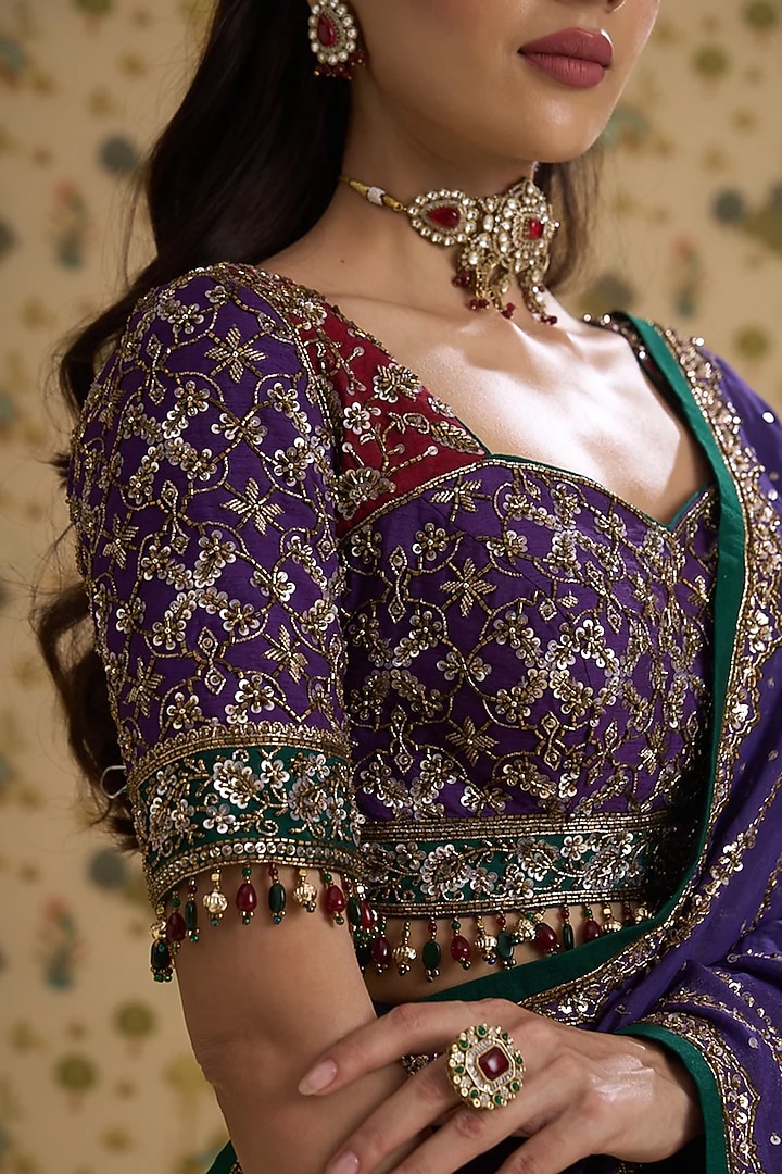 Purple & Maroon Hand Embroidered Bridal Saree Set by Aayushi Maniar at Pernia's Pop Up Shop