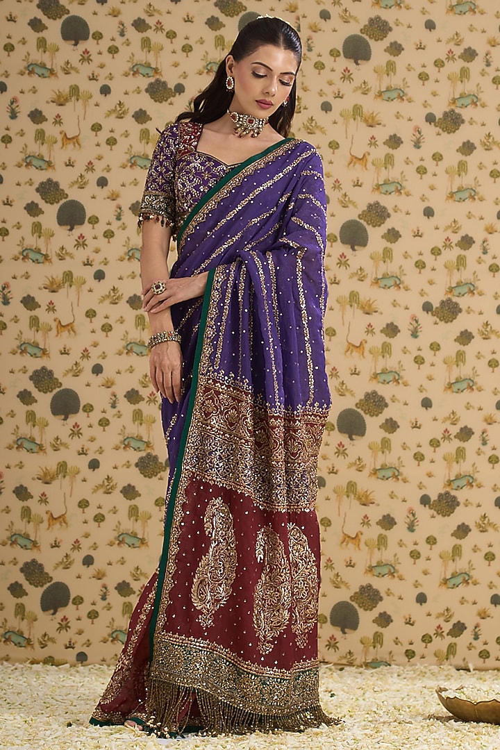 Purple & Maroon Hand Embroidered Bridal Saree Set by Aayushi Maniar at Pernia's Pop Up Shop