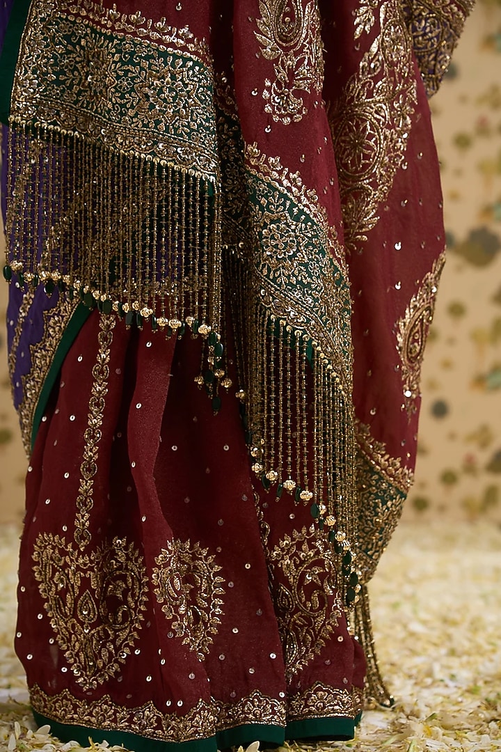 Purple & Maroon Hand Embroidered Bridal Saree Set by Aayushi Maniar at Pernia's Pop Up Shop