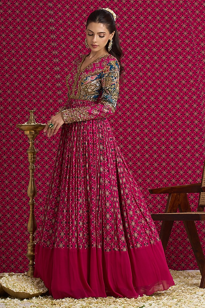 Pink Mul Silk Hand & Machine Embroidered Bridal Anarkali Set by Aayushi Maniar at Pernia's Pop Up Shop