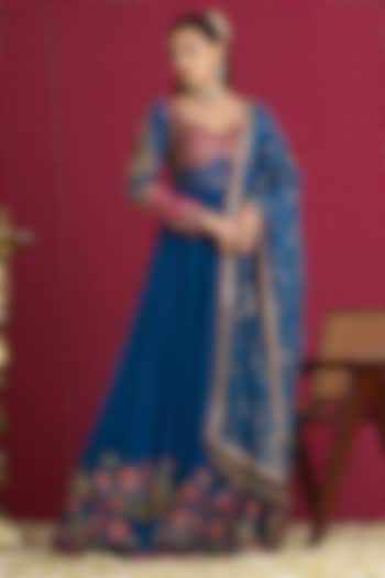 Blue Georgette Hand & Machine Embroidered Bridal Anarkali Set by Aayushi Maniar at Pernia's Pop Up Shop