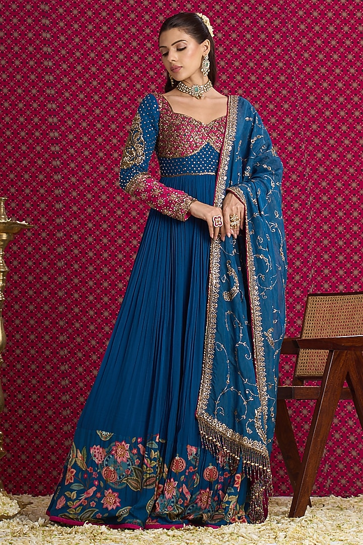 Blue Georgette Hand & Machine Embroidered Bridal Anarkali Set by Aayushi Maniar at Pernia's Pop Up Shop