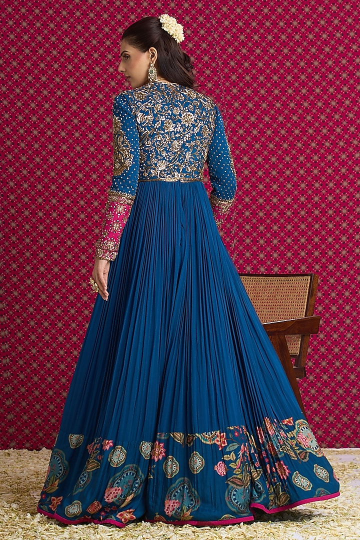 Blue Georgette Hand & Machine Embroidered Bridal Anarkali Set by Aayushi Maniar at Pernia's Pop Up Shop
