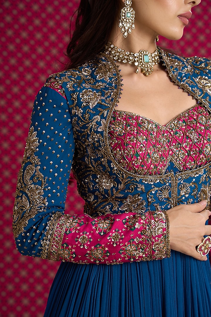 Blue Georgette Hand & Machine Embroidered Bridal Anarkali Set by Aayushi Maniar at Pernia's Pop Up Shop