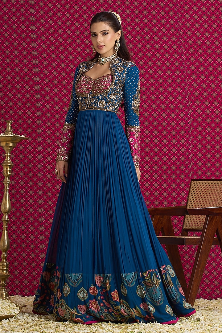 Blue Georgette Hand & Machine Embroidered Bridal Anarkali Set by Aayushi Maniar at Pernia's Pop Up Shop