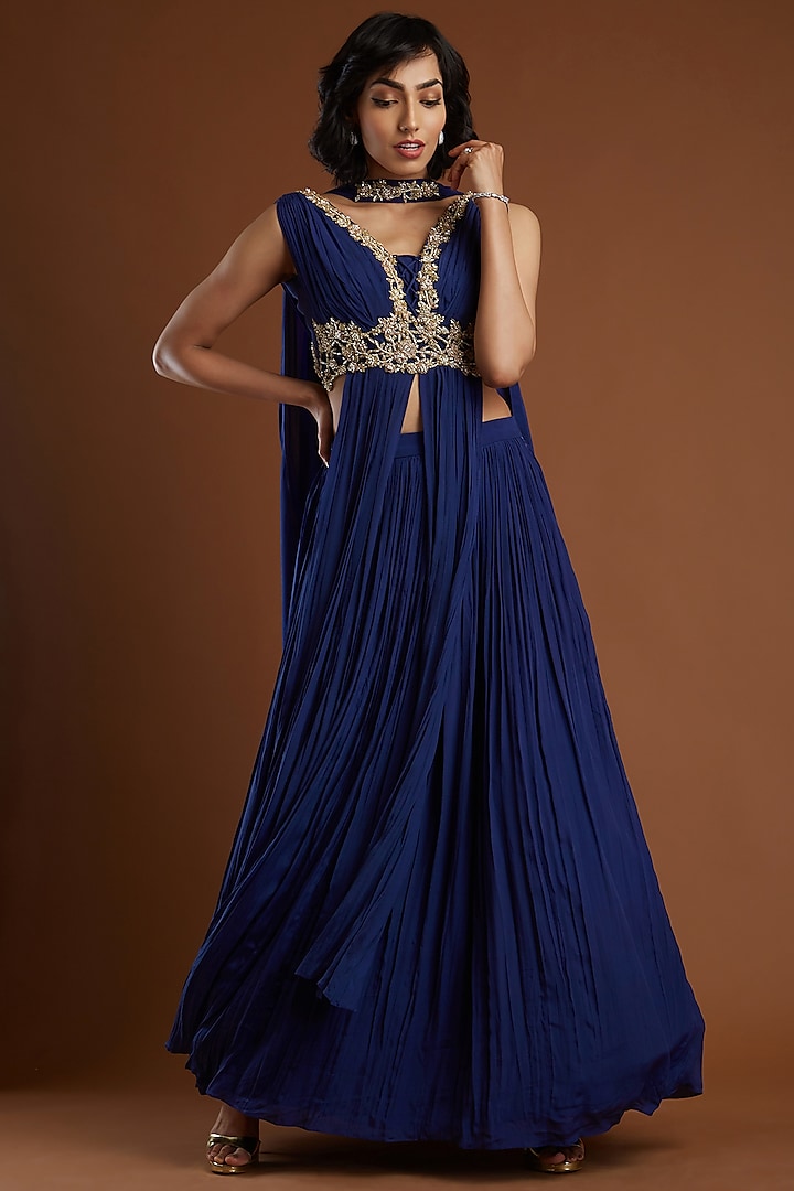 Navy Blue Embroidered Wedding Lehenga Set by Aayushi Maniar at Pernia's Pop Up Shop