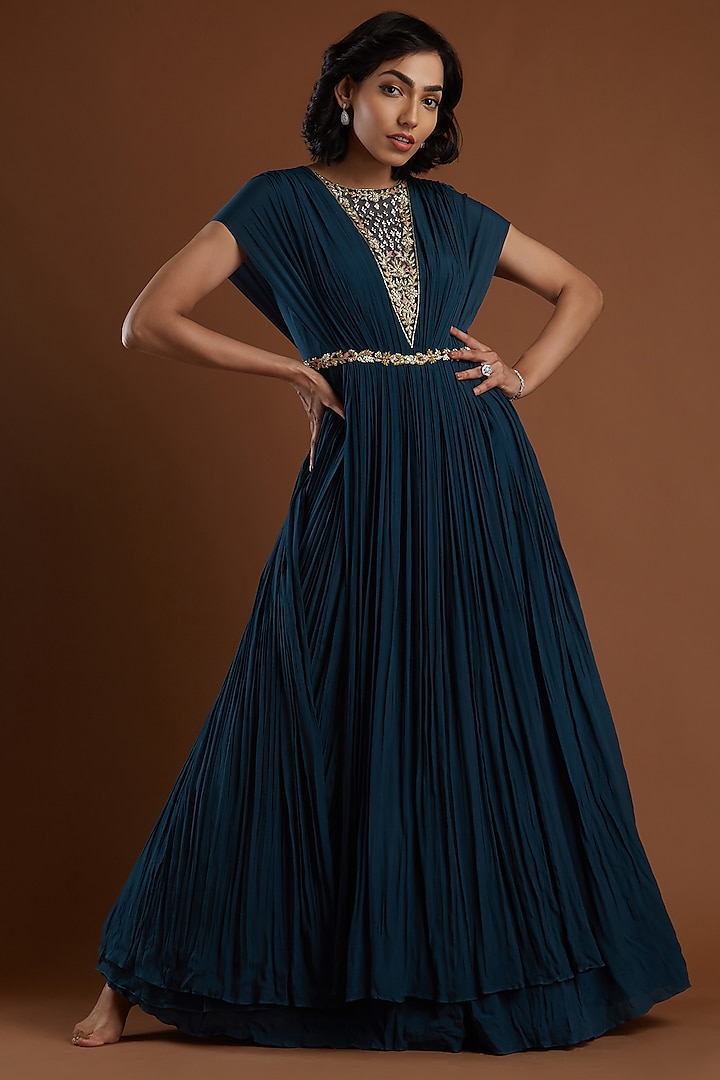 Navy Blue Embroidered Gown by Aayushi Maniar