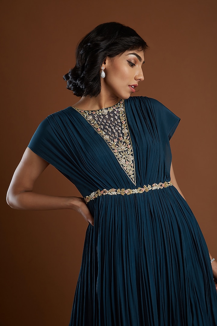 Navy Blue Embroidered Engagement Gown by Aayushi Maniar at Pernia's Pop Up Shop