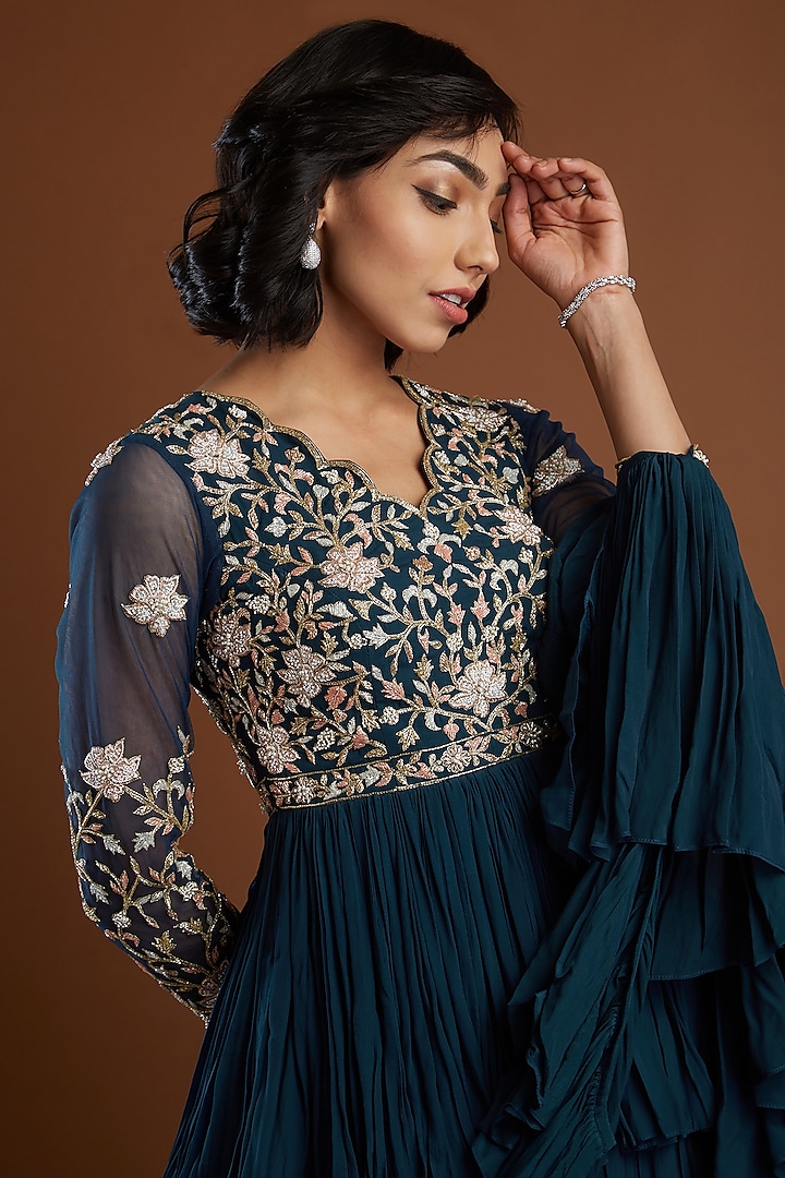Navy Blue Embroidered Peplum Wedding Lehenga Set by Aayushi Maniar at Pernia's Pop Up Shop
