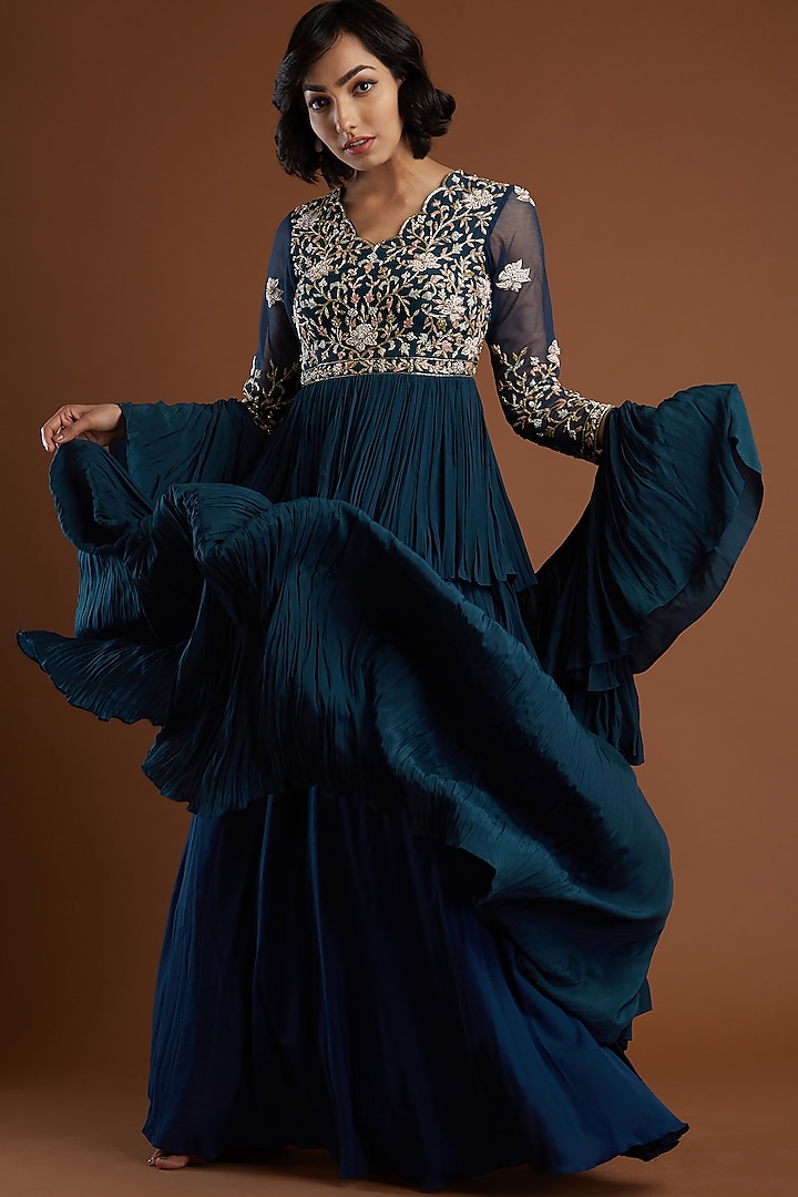 Navy Blue Embroidered Peplum Wedding Lehenga Set by Aayushi Maniar at Pernia's Pop Up Shop