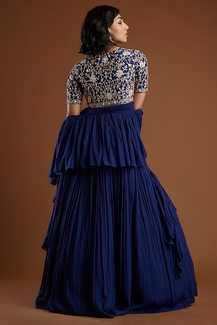 Indigo Blue Crepe Silk Wedding Lehenga Set by Aayushi Maniar at Pernia's Pop Up Shop