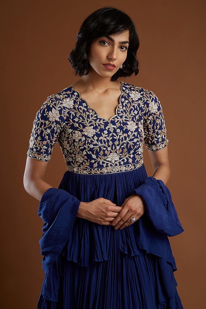 Indigo Blue Crepe Silk Wedding Lehenga Set by Aayushi Maniar at Pernia's Pop Up Shop