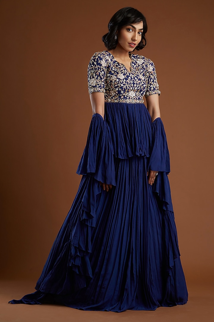 Indigo Blue Crepe Silk Wedding Lehenga Set by Aayushi Maniar at Pernia's Pop Up Shop