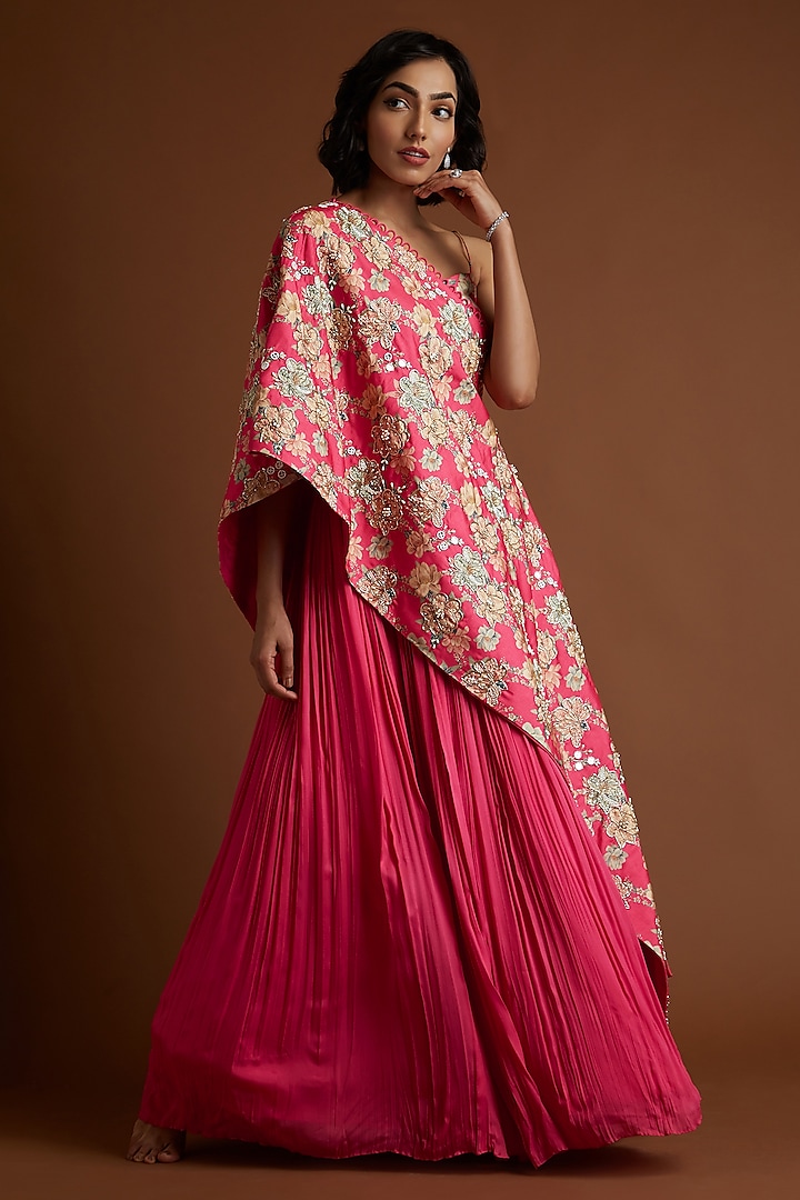 Pink Embroidered Cape Lehenga Set by Aayushi Maniar