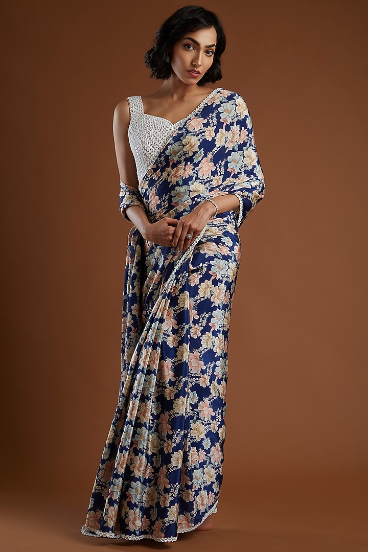 Indigo Blue Embroidered Wedding Saree With Blouse by Aayushi Maniar at Pernia's Pop Up Shop