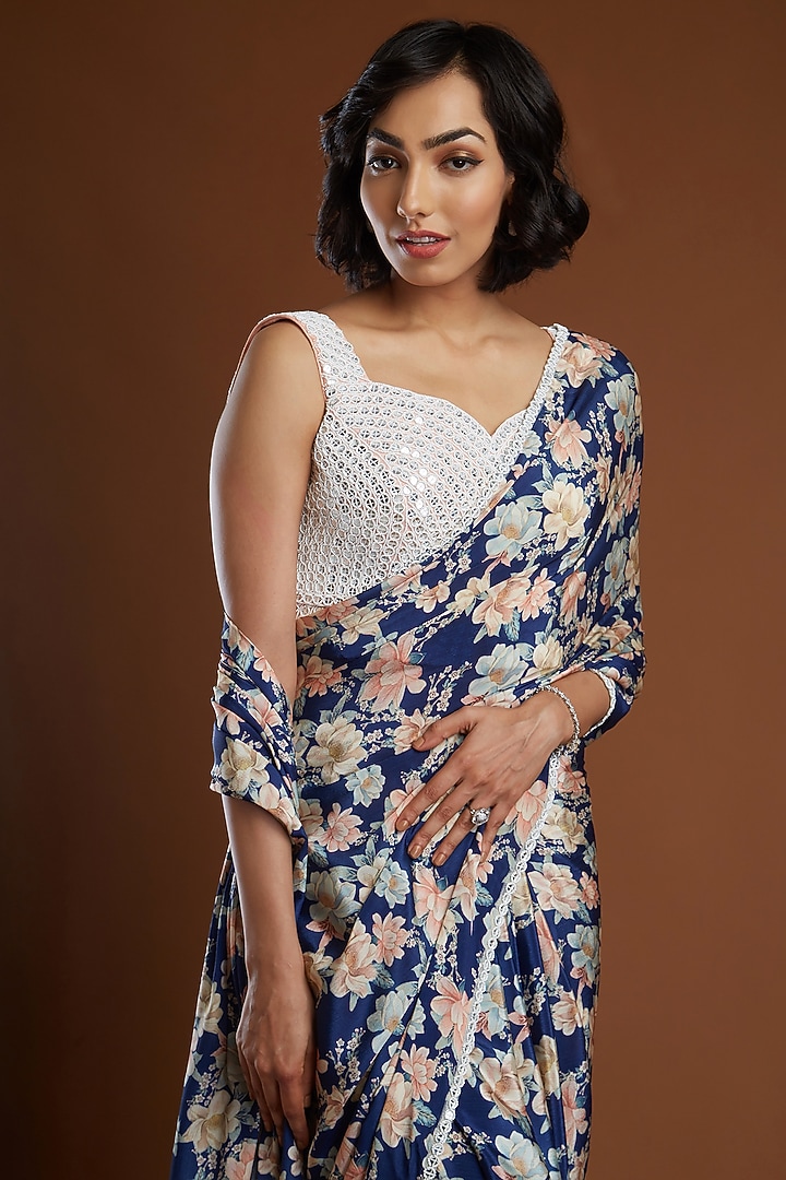 Indigo Blue Embroidered Wedding Saree With Blouse by Aayushi Maniar at Pernia's Pop Up Shop