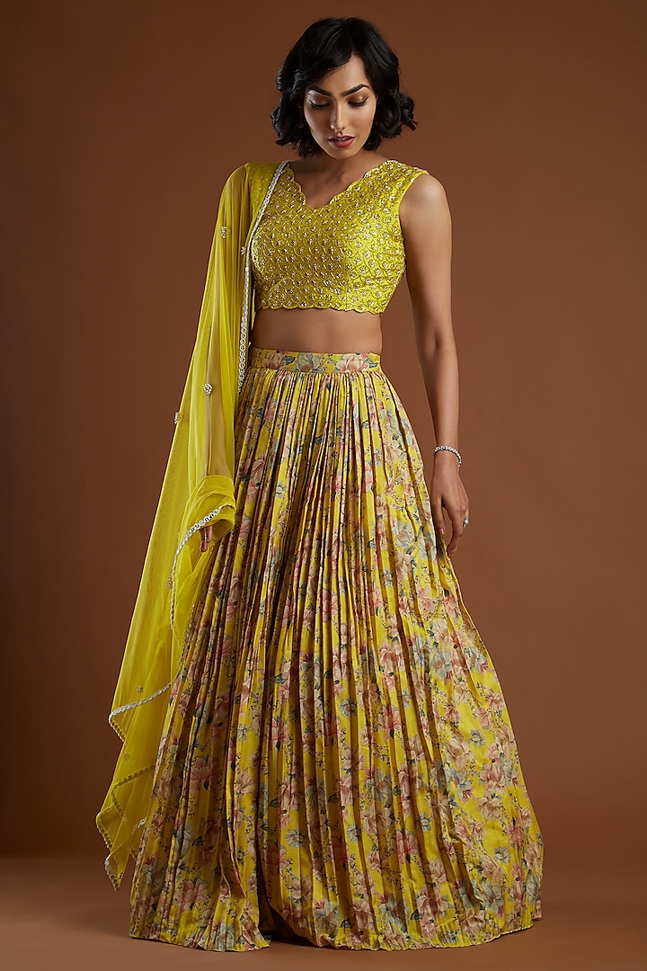 Yellow Embroidered Lehenga Set by Aayushi Maniar