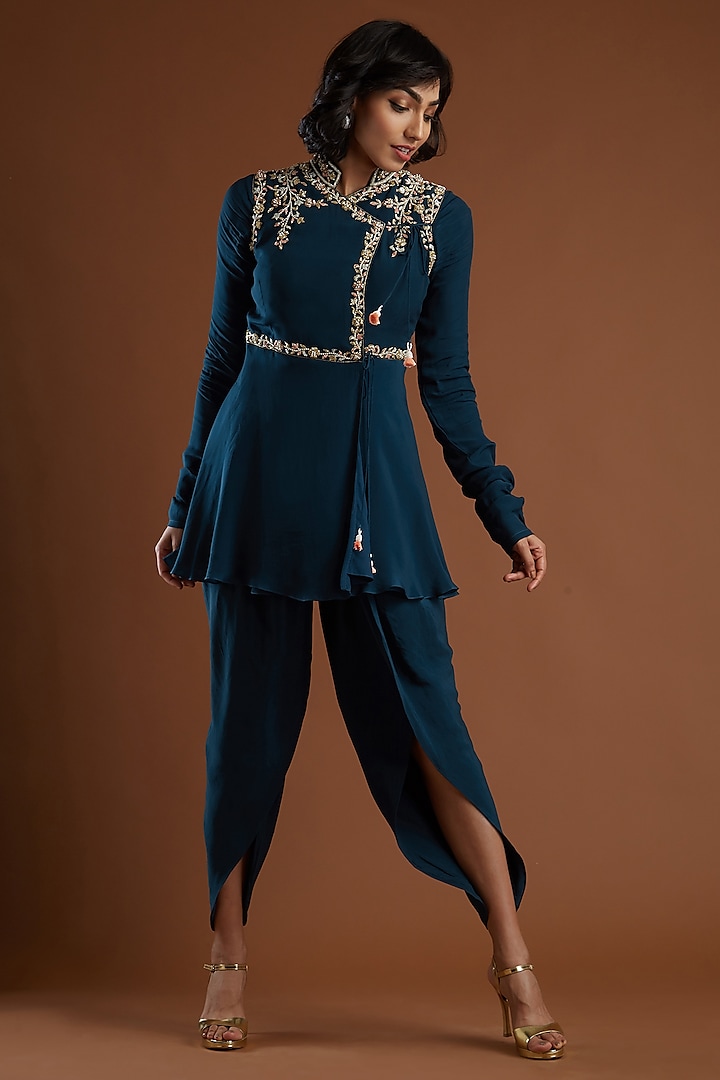 Navy Blue Embroidered Tunic With Pants by Aayushi Maniar