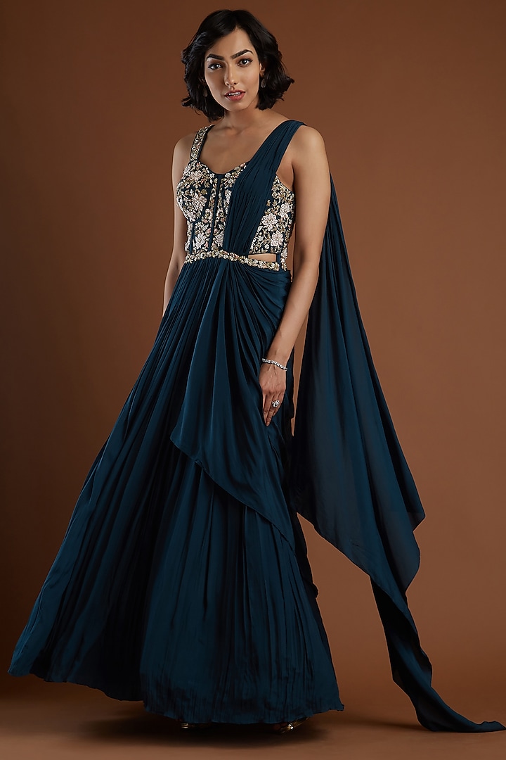 Navy Blue Zardosi Embroidered Gown by Aayushi Maniar