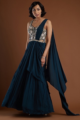 Navy Blue Zardosi Embroidered Gown by Aayushi Maniar