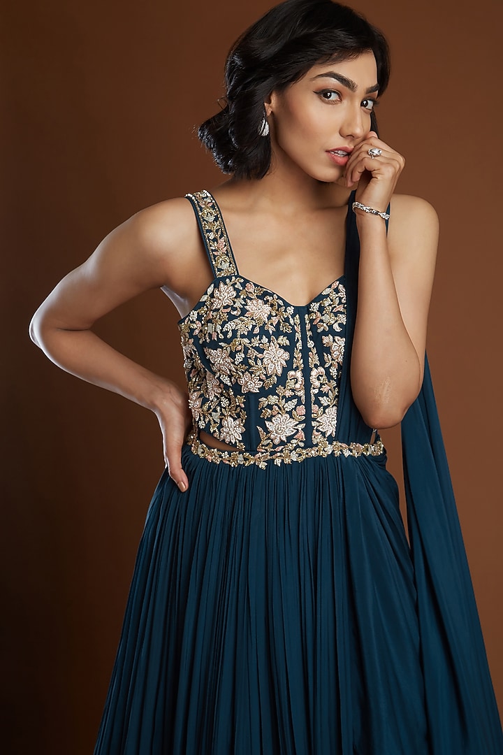 Navy Blue Zardosi Embroidered Engagement Gown by Aayushi Maniar at Pernia's Pop Up Shop