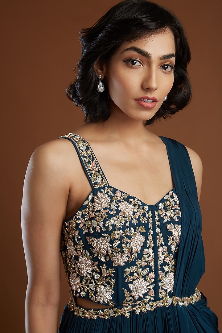 Navy Blue Zardosi Embroidered Engagement Gown by Aayushi Maniar at Pernia's Pop Up Shop