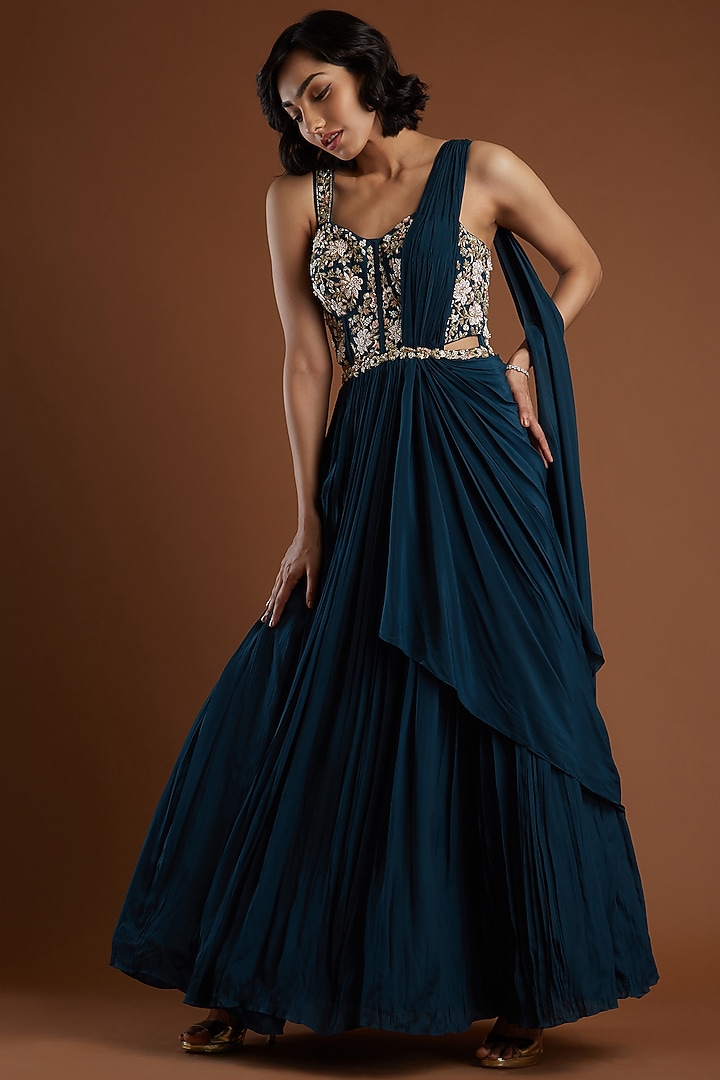 Navy Blue Zardosi Embroidered Engagement Gown by Aayushi Maniar at Pernia's Pop Up Shop