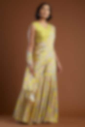Yellow Printed Gharara Saree With Blouse by Aayushi Maniar